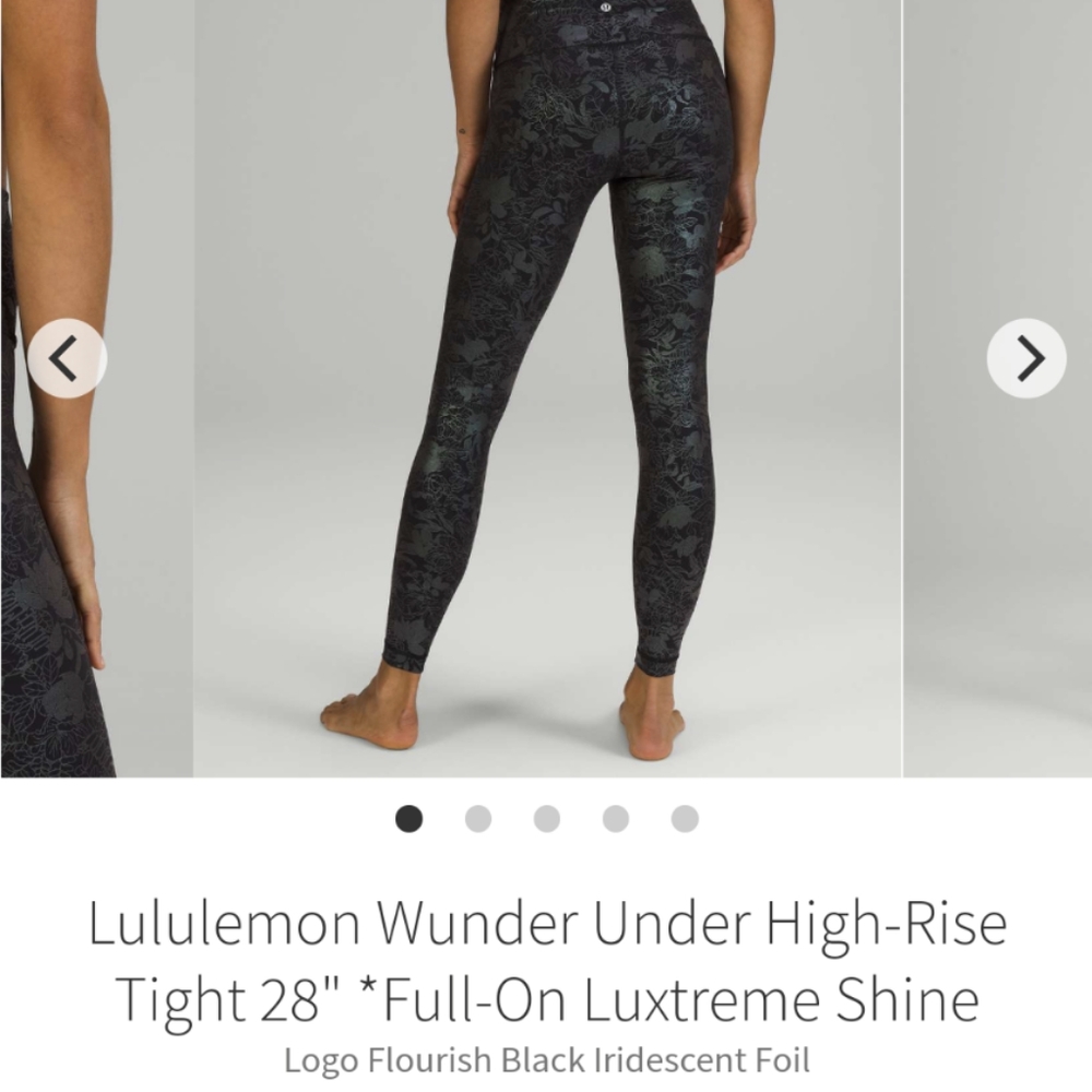Lululemon Wunder Under 28, logo flourish black iridescent foil, size 6